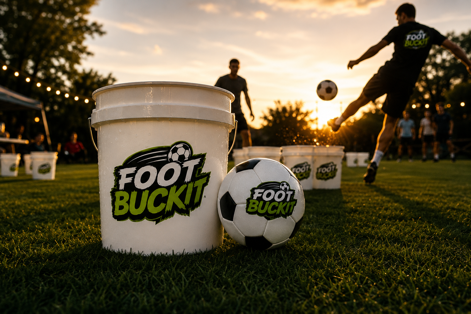 Foot Buckit bucket and branded soccer ball on a grass field at golden hour with a player winding up a shot
