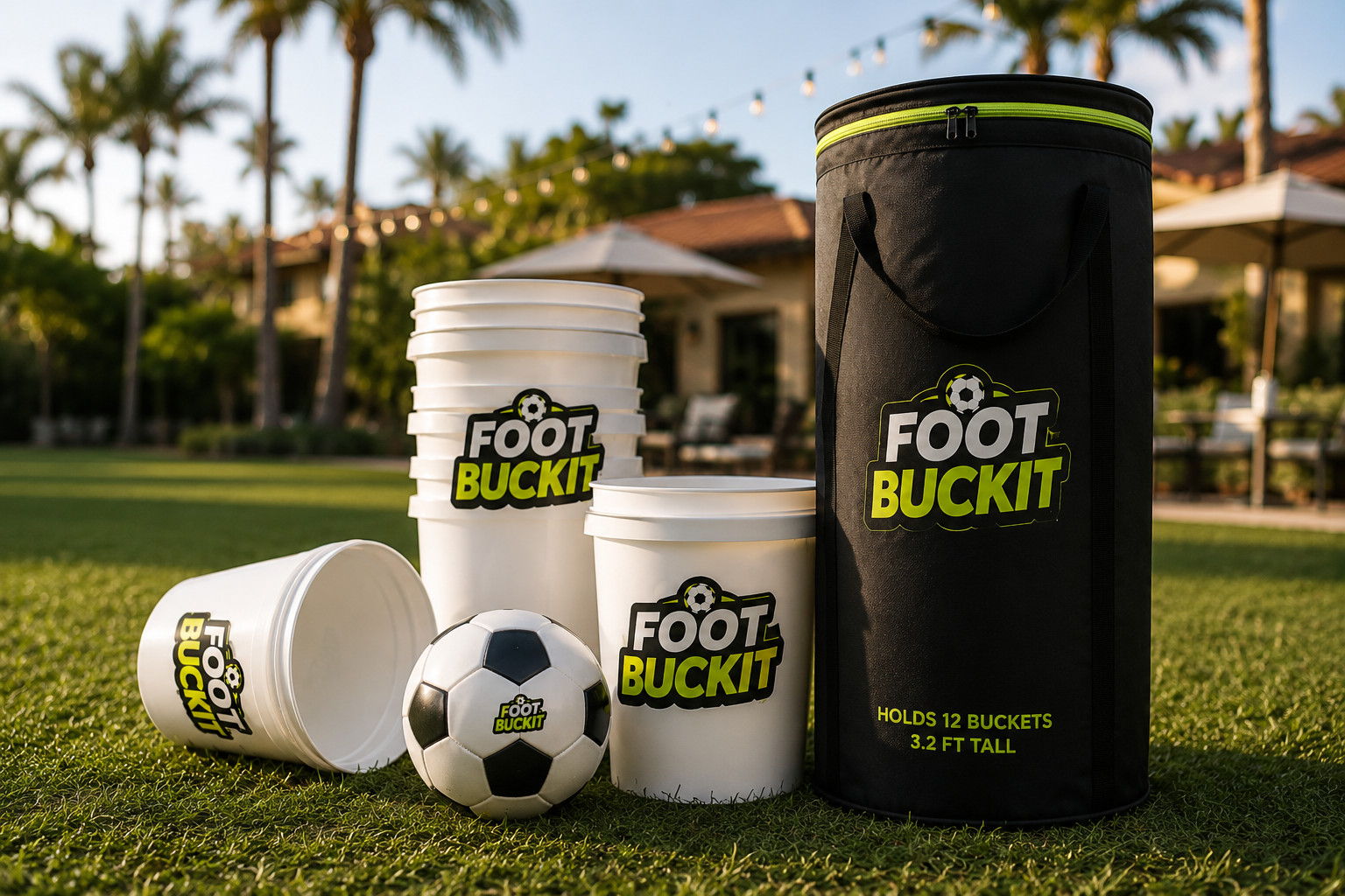 Foot Buckit complete kit with 12 branded buckets, official soccer ball, and premium travel bag in a backyard setting
